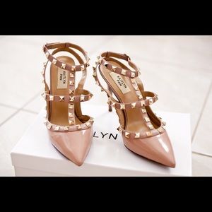 Kaitlyn Pan Nude Patent Rockstud Sandal Heels